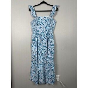 Draper James Blue Midi Smocked Dress Large Sleeveless Floral Square Neck Pockets